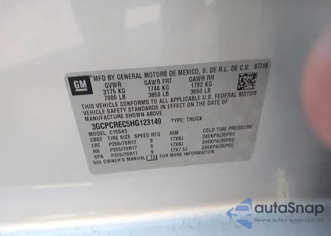 2017 Chevrolet Silverado 1500 1Lt z USA, uszkodzony, nr VIN 3GCPCREC5HG123149